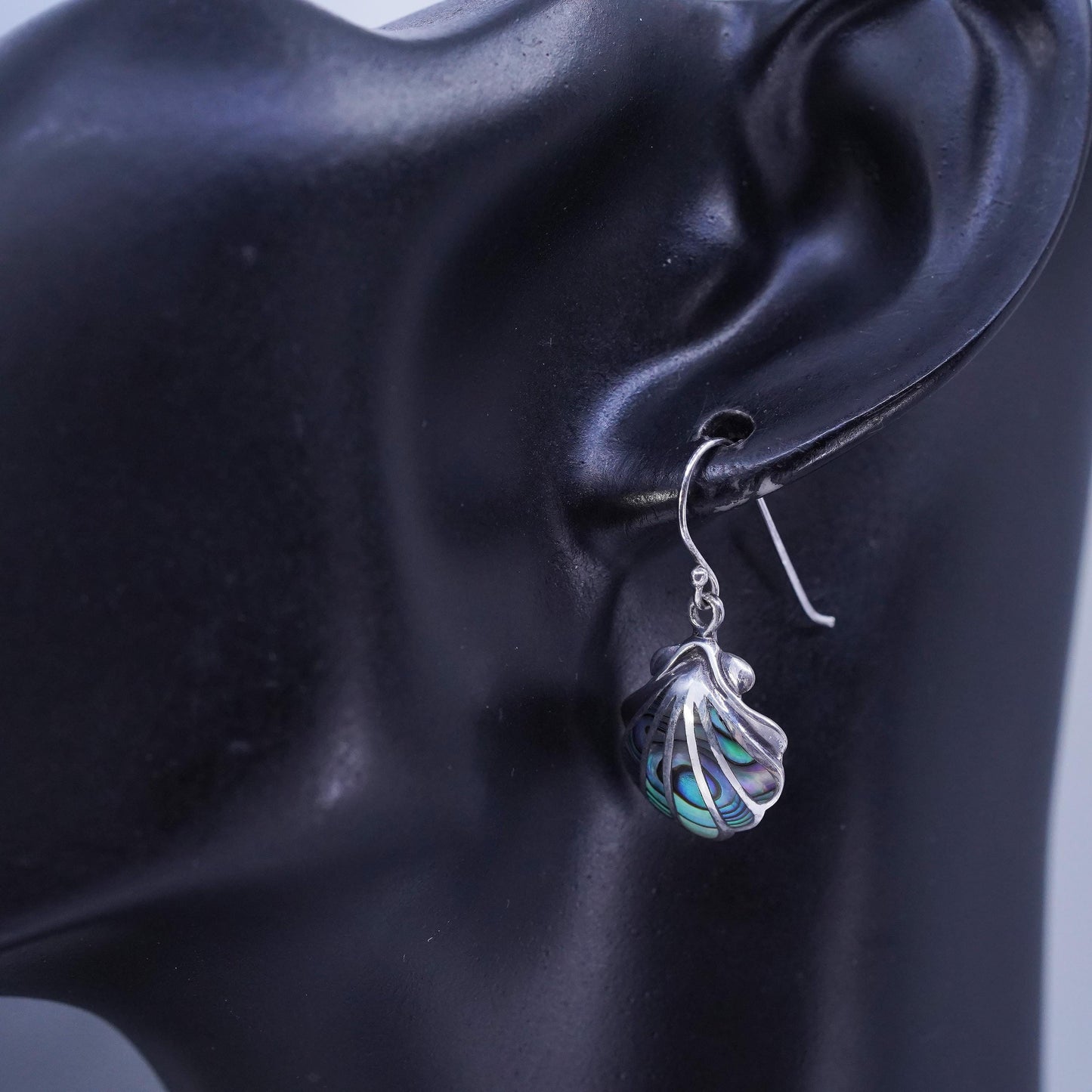 Vintage Sterling 925 silver handmade shell earrings with abalone inlay