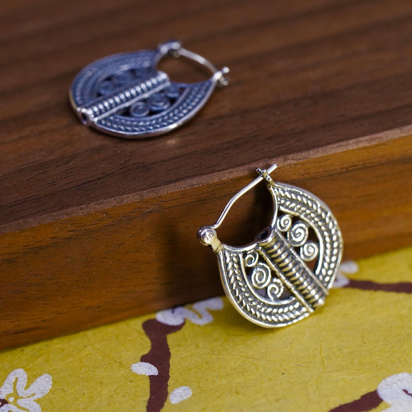 0.75", VTG Sterling silver handmade flatten hoops, textured 925 huggie earrings