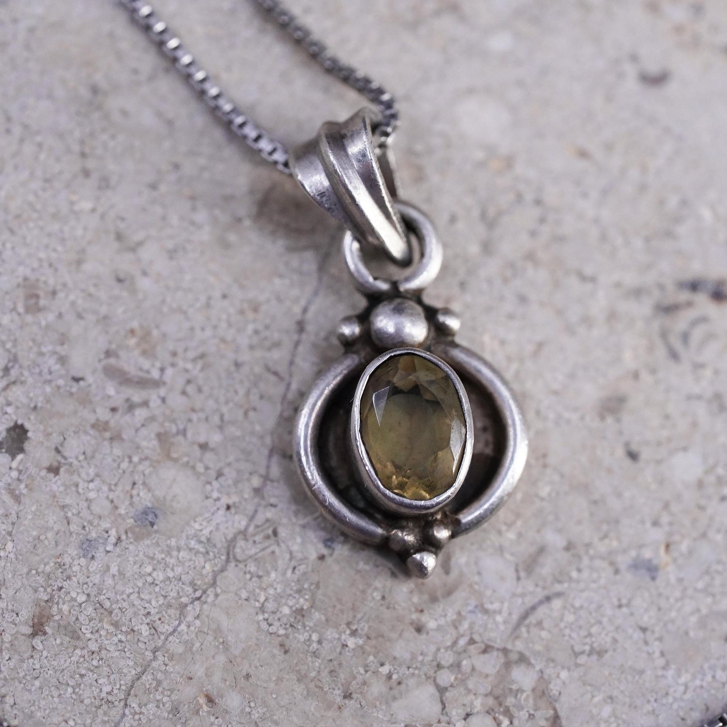 18" 1mm, vintage Sterling silver necklace, 925 box chain with citrine pendant