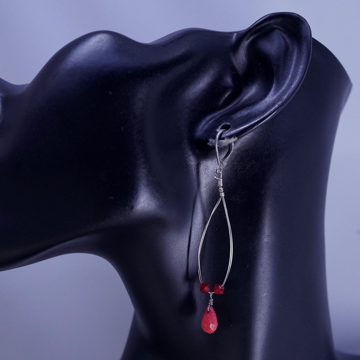 Vintage Sterling 925 silver handmade earrings with teardrop ruby