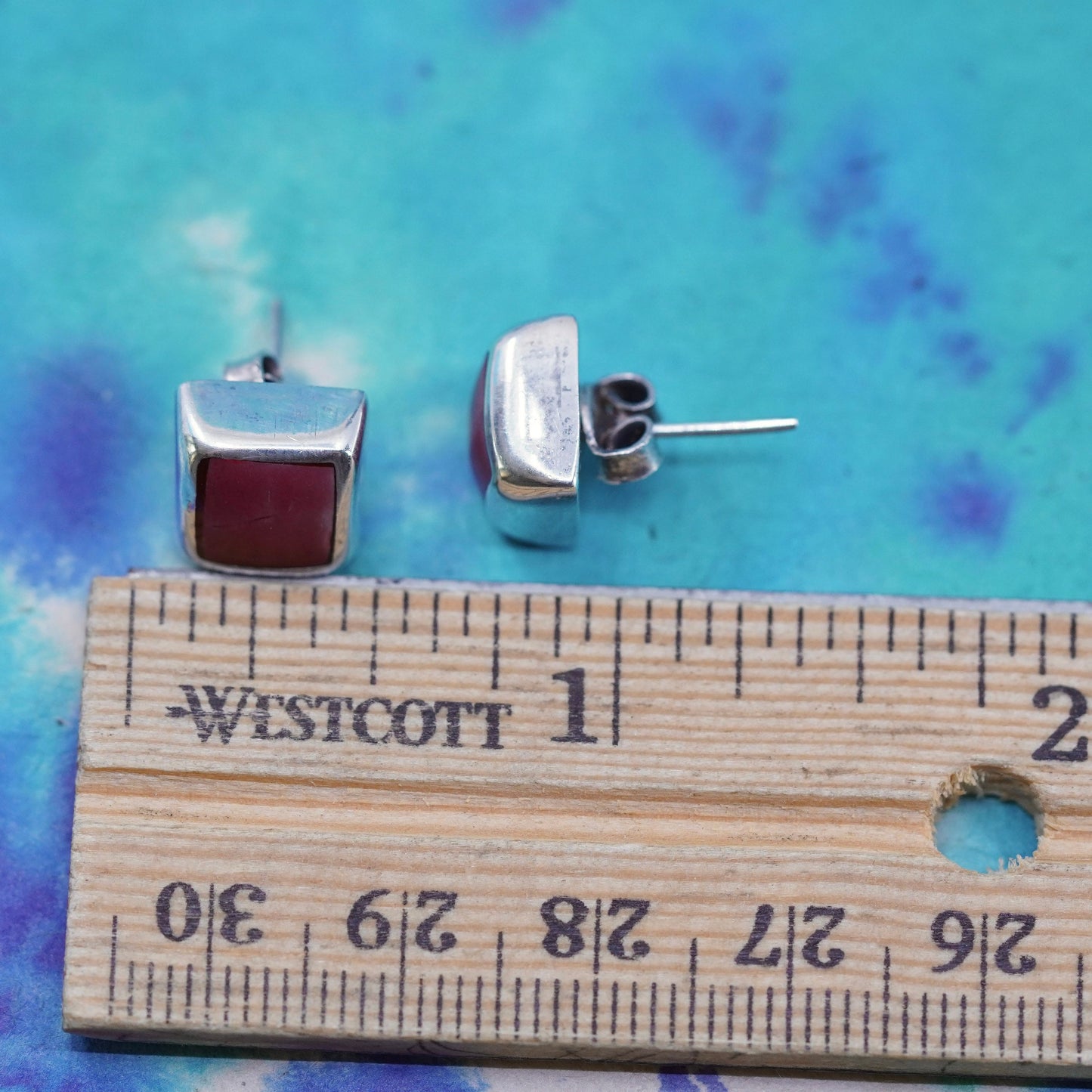 Mexico Sterling silver handmade earrings, square studs with red jasper inlay