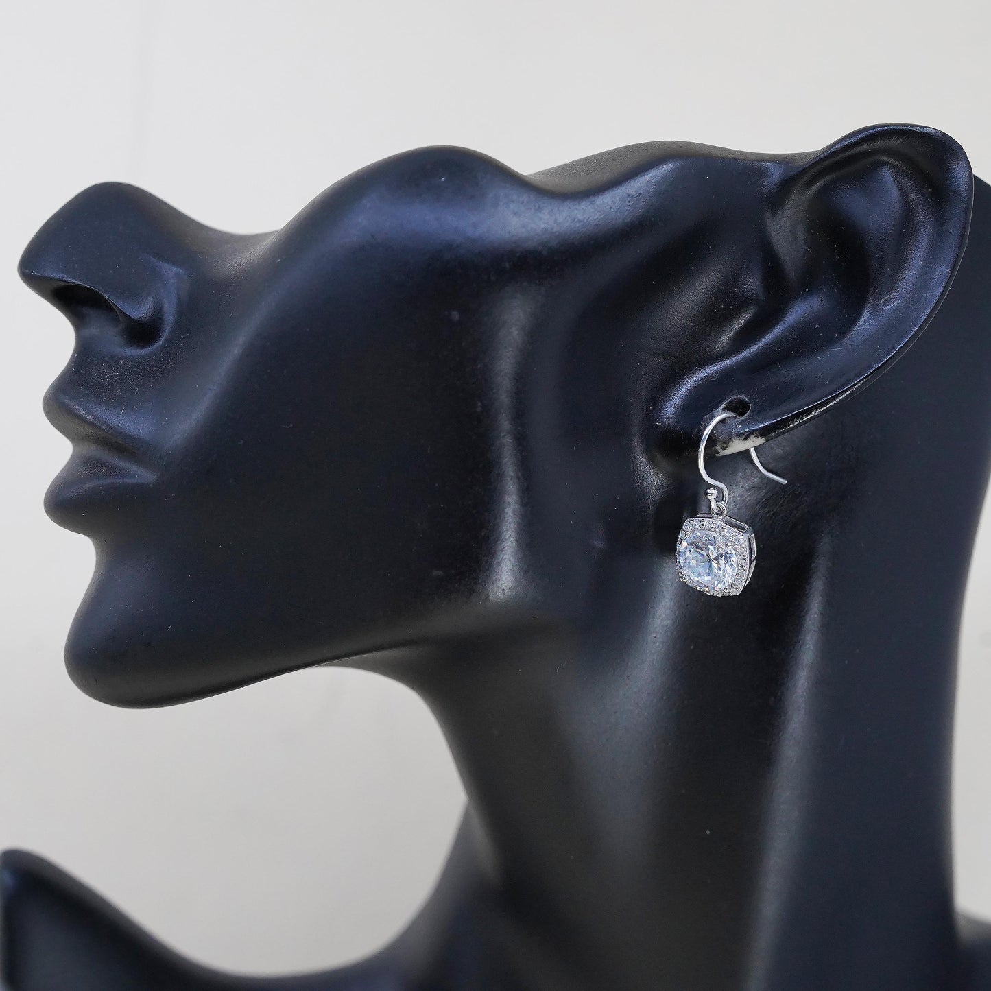 Vintage sterling silver handmade earrings, 925 silver square with cluster Cz