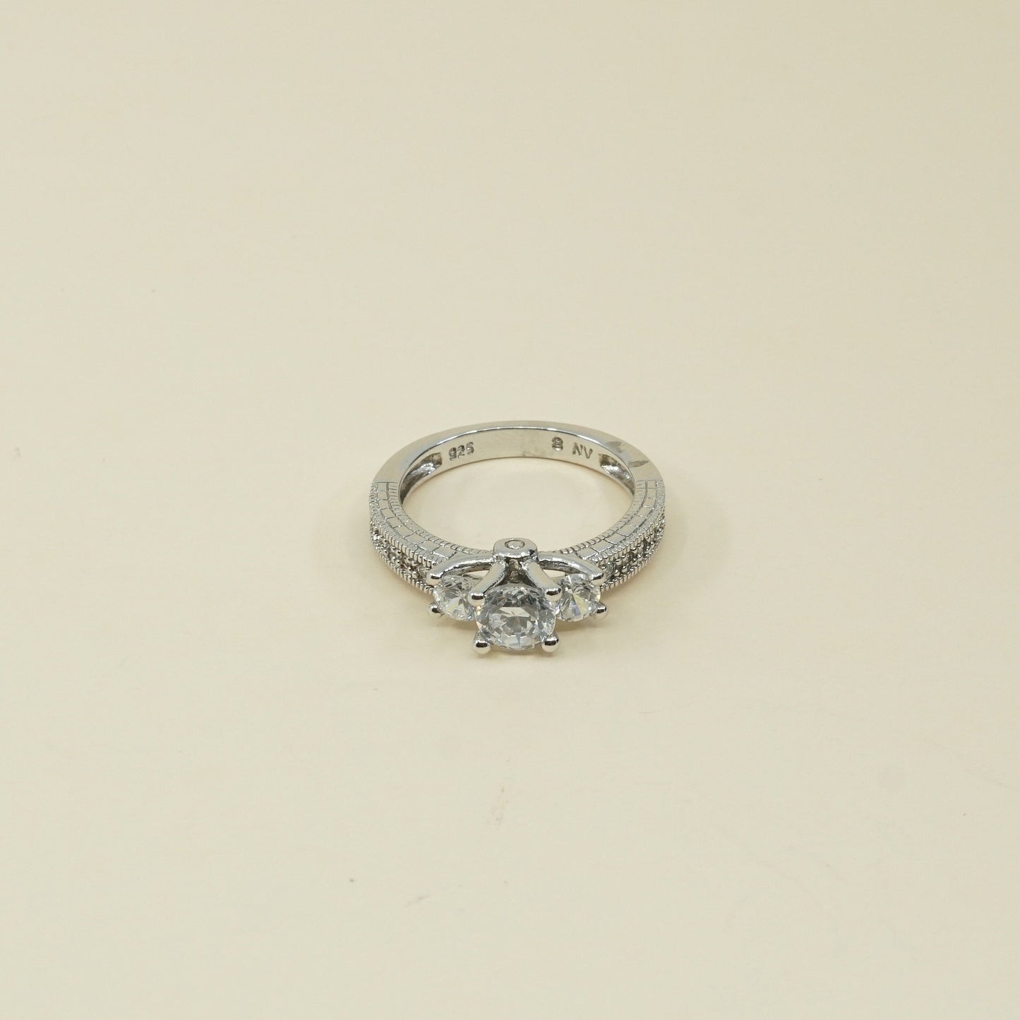 sz 8.25, vtg handmade sterling silver round crystal ring, engagement 925 ring
