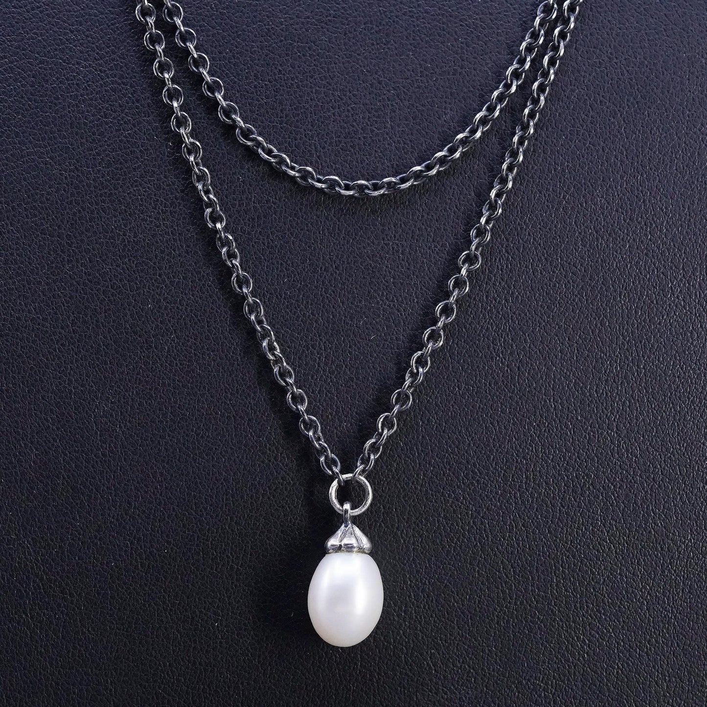 40" Sterling silver extra long sweater necklace, 925 teardrop pearl pendant
