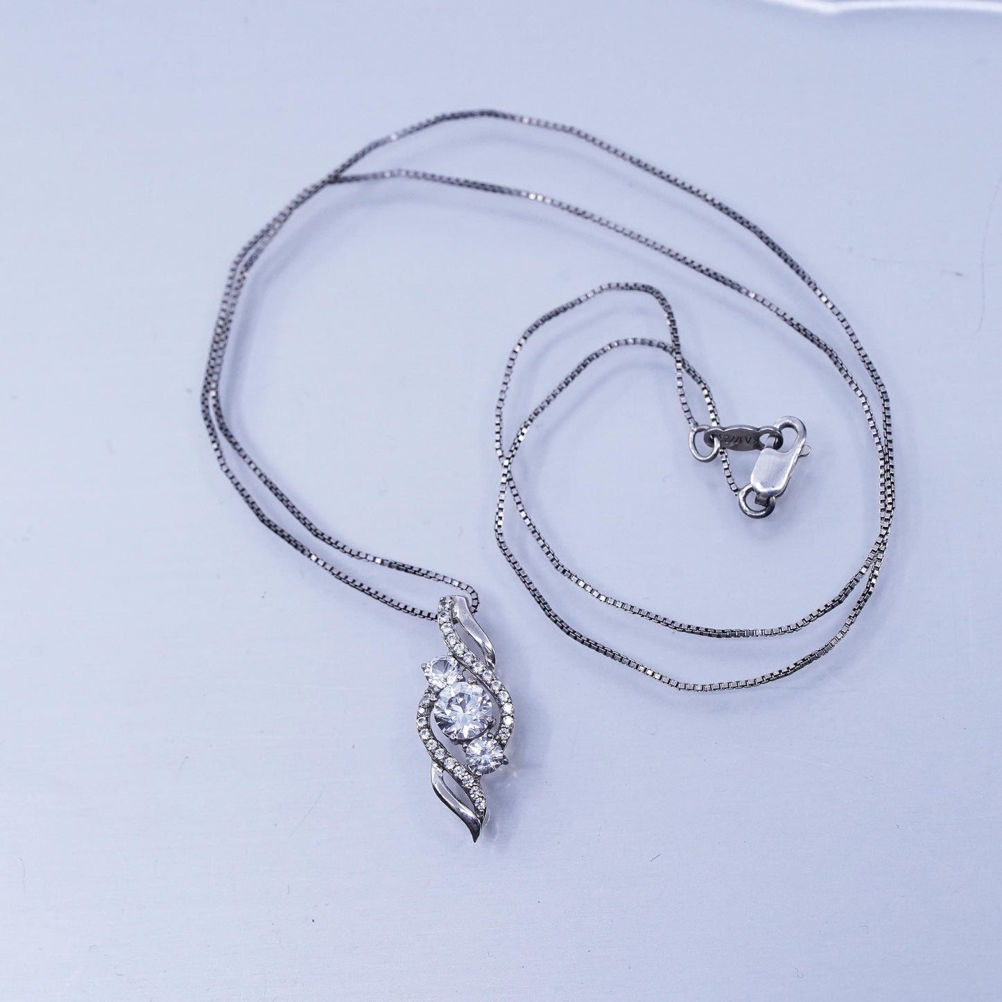 18”, vintage Sterling 925 silver handmade box pendant necklace with cz pendant