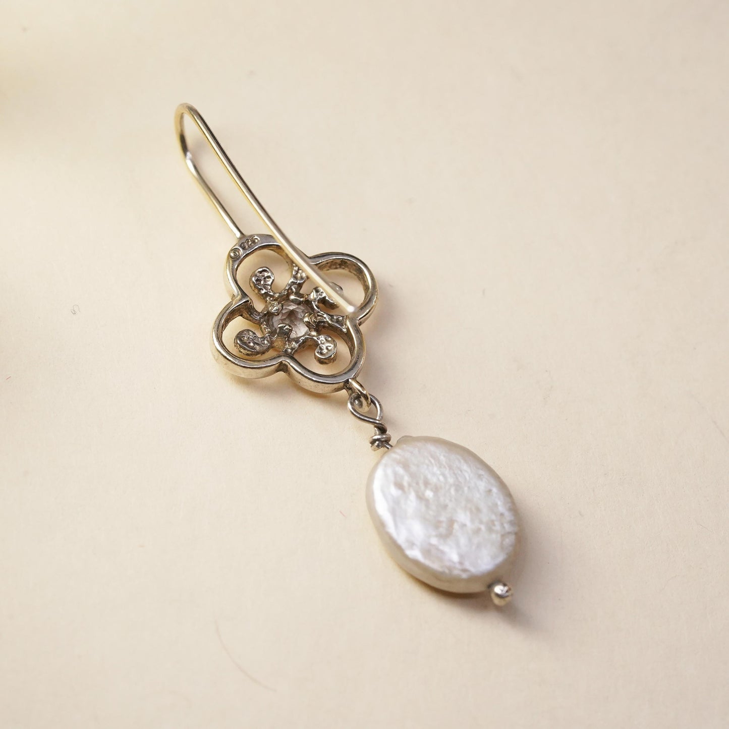 Vintage sterling 925 silver handmade floral single earring with coin pearl