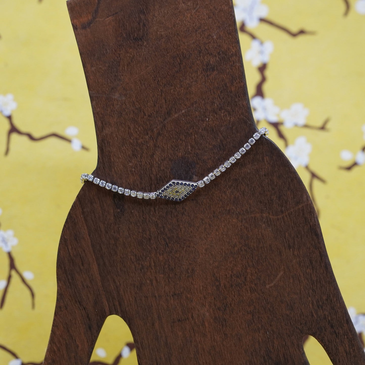 7”, Sterling 925 silver handmade chain bracelet with evil eye and cluster cz