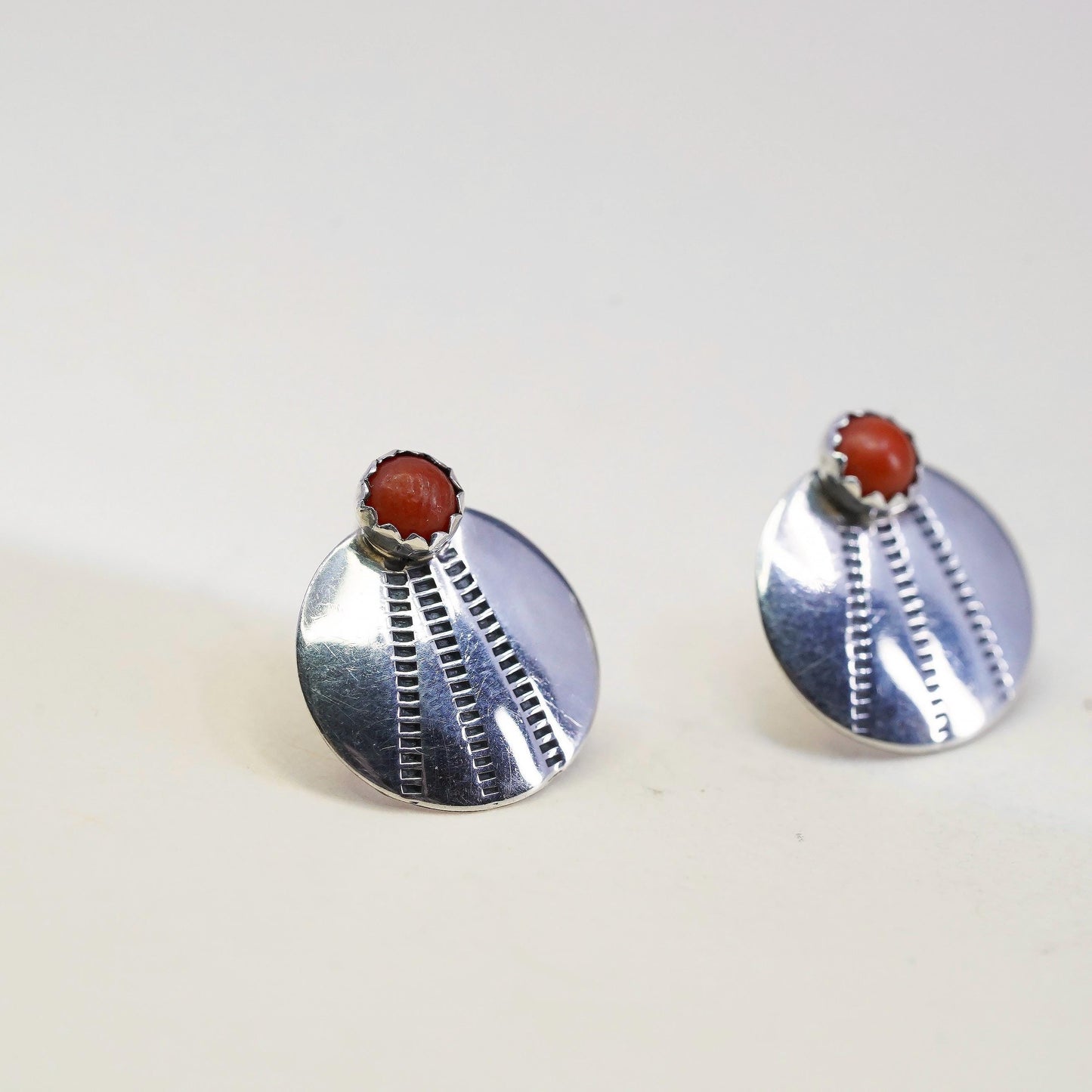 Southwestern St. SIL sterling silver handmade earrings, round 925 studs coral