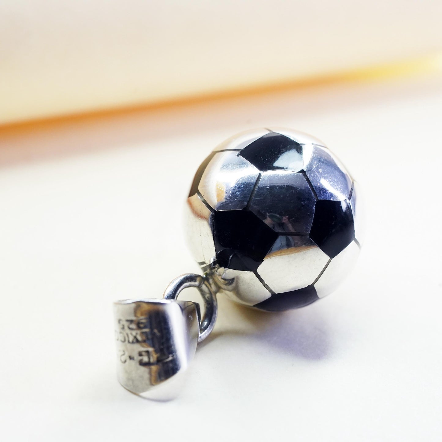 Mexican sterling silver pendant, 925 silver football soccer charm black enamel