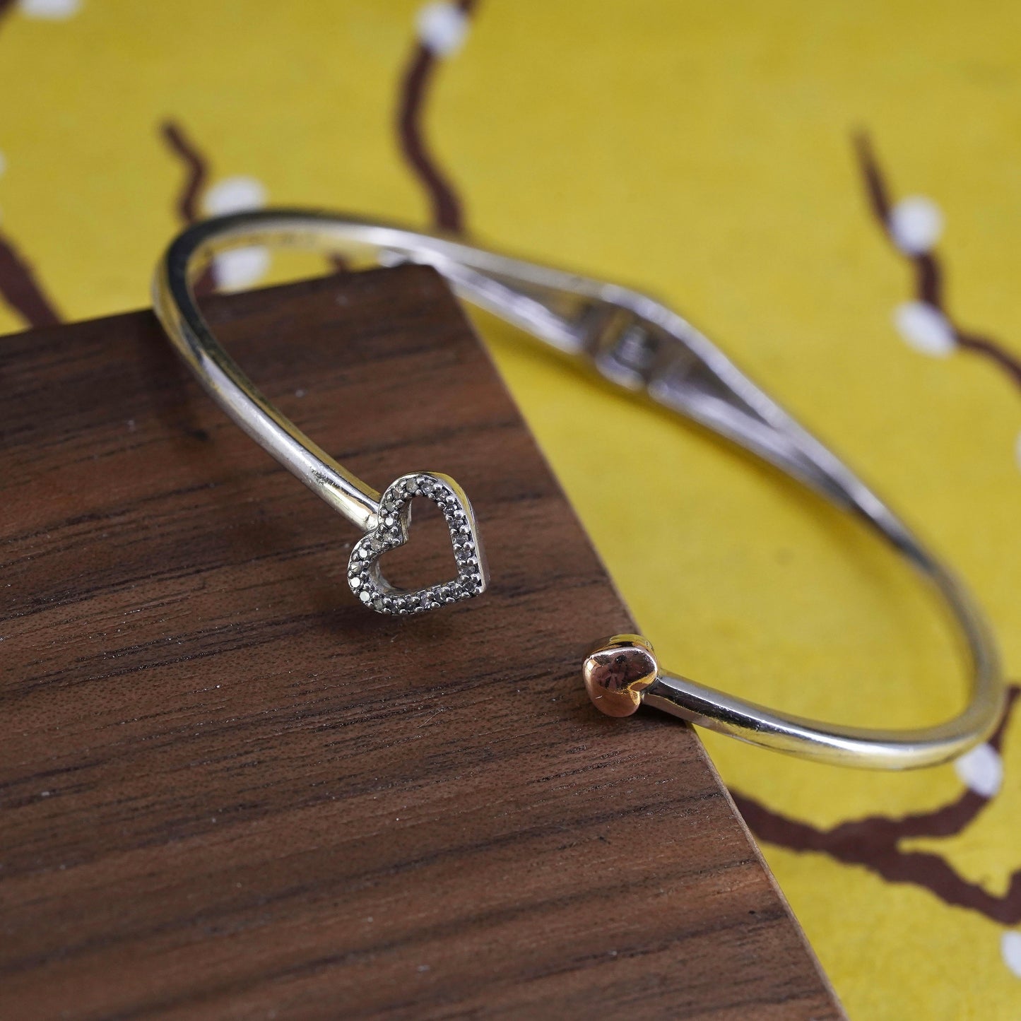 6.25”, Sterling silver 10K rose gold heart bracelet, 925 cuff cluster diamonds