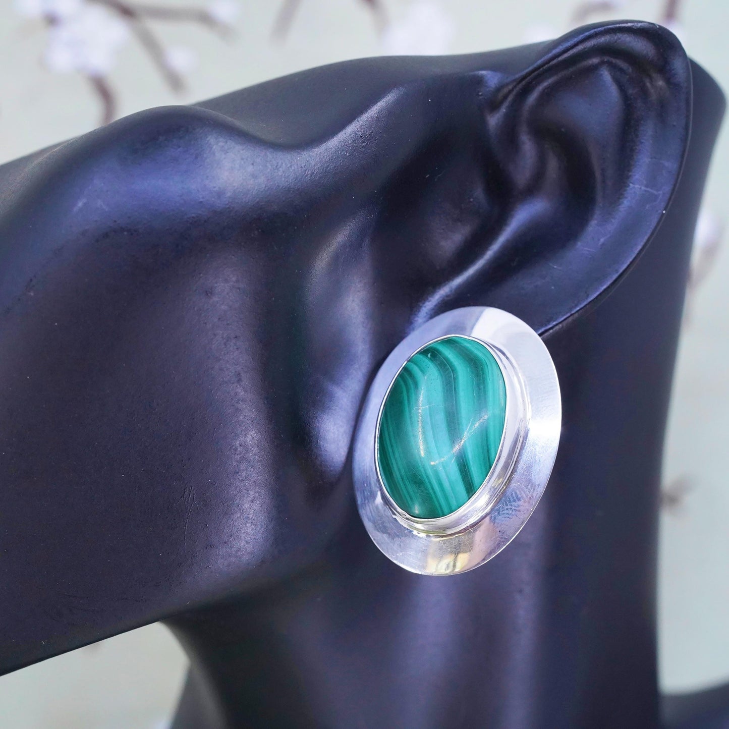 Vintage southwestern Mathews sterling silver malachite earrings, oval 925 studs
