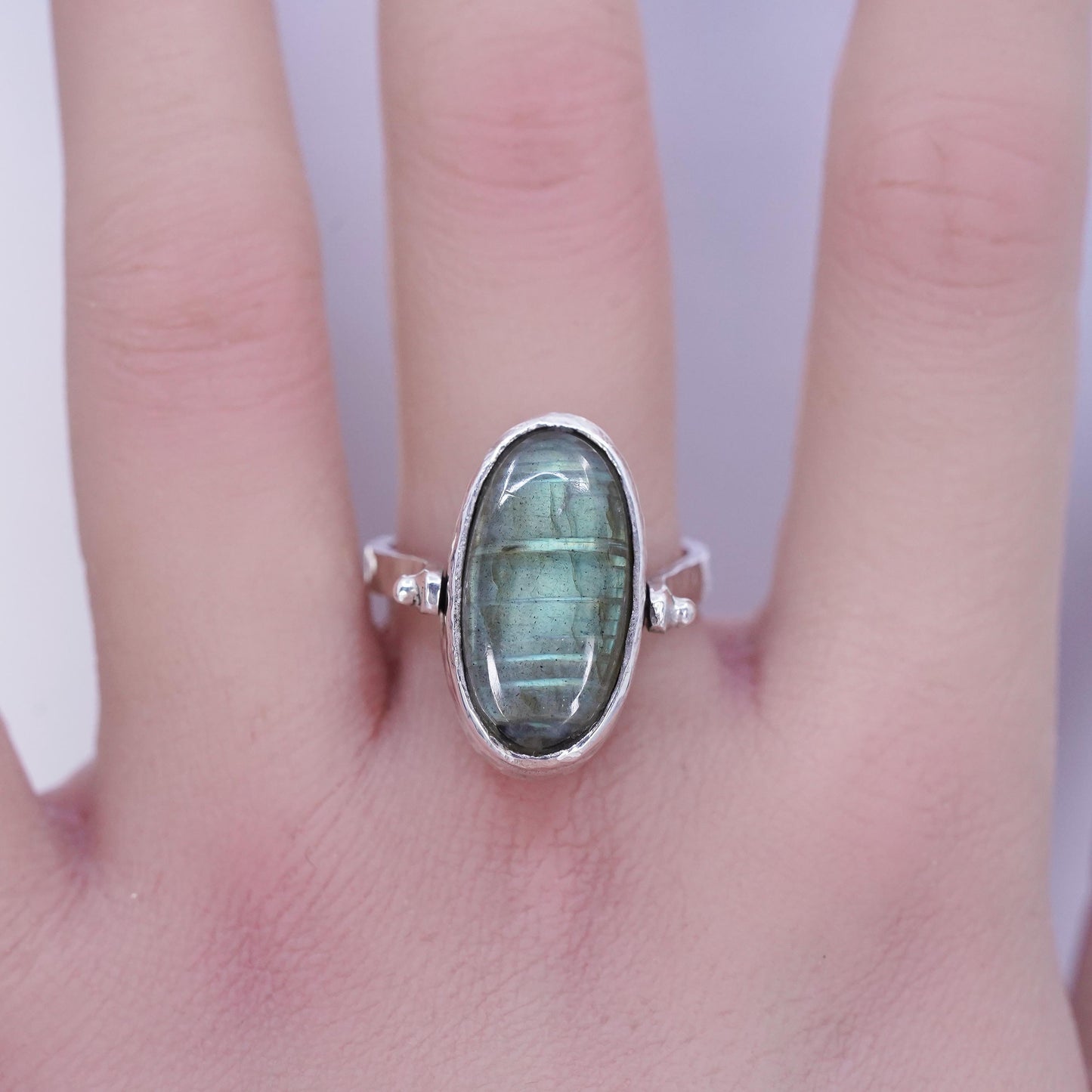 Size 7.5, Sterling 925 silver ring, double sided band with larimar labradorite