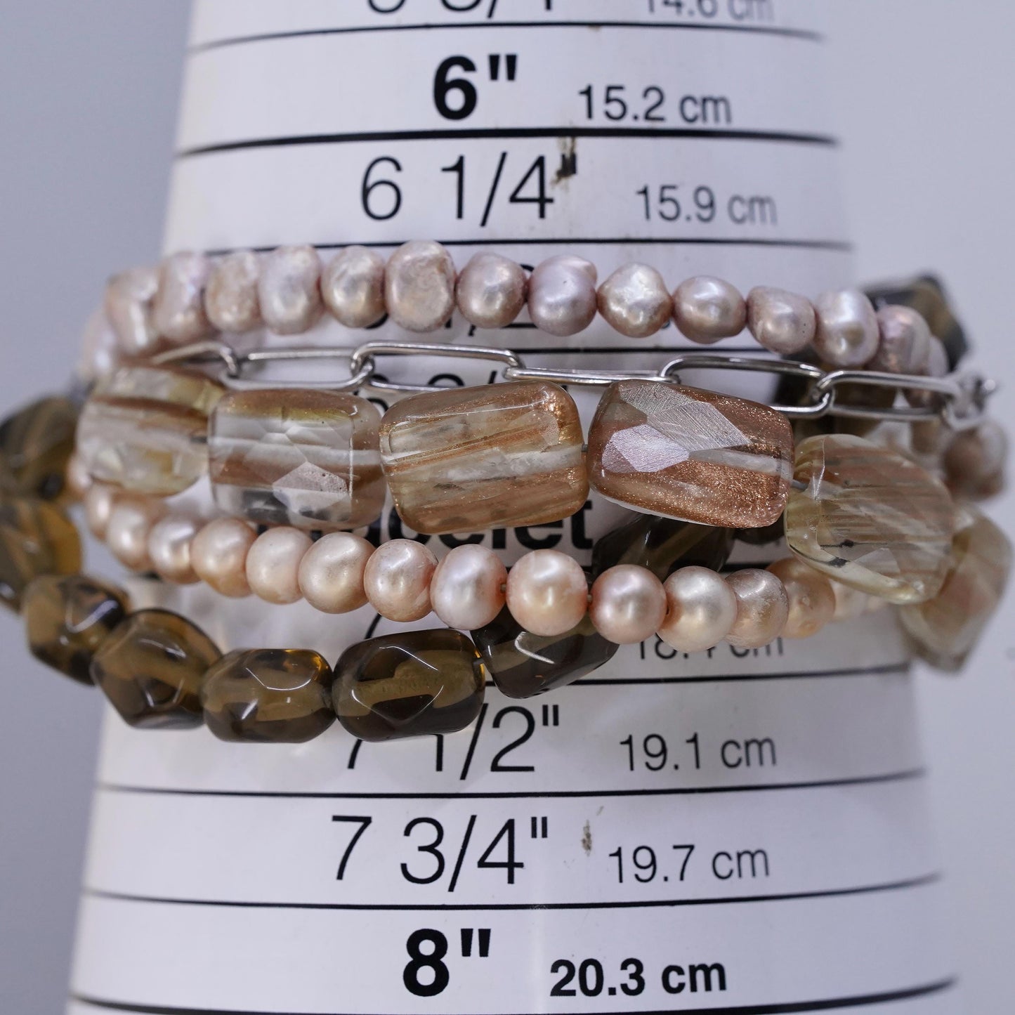 7”, B1412 Silpada sterling silver 925 pearls smokey quartz 5 strands bracelet