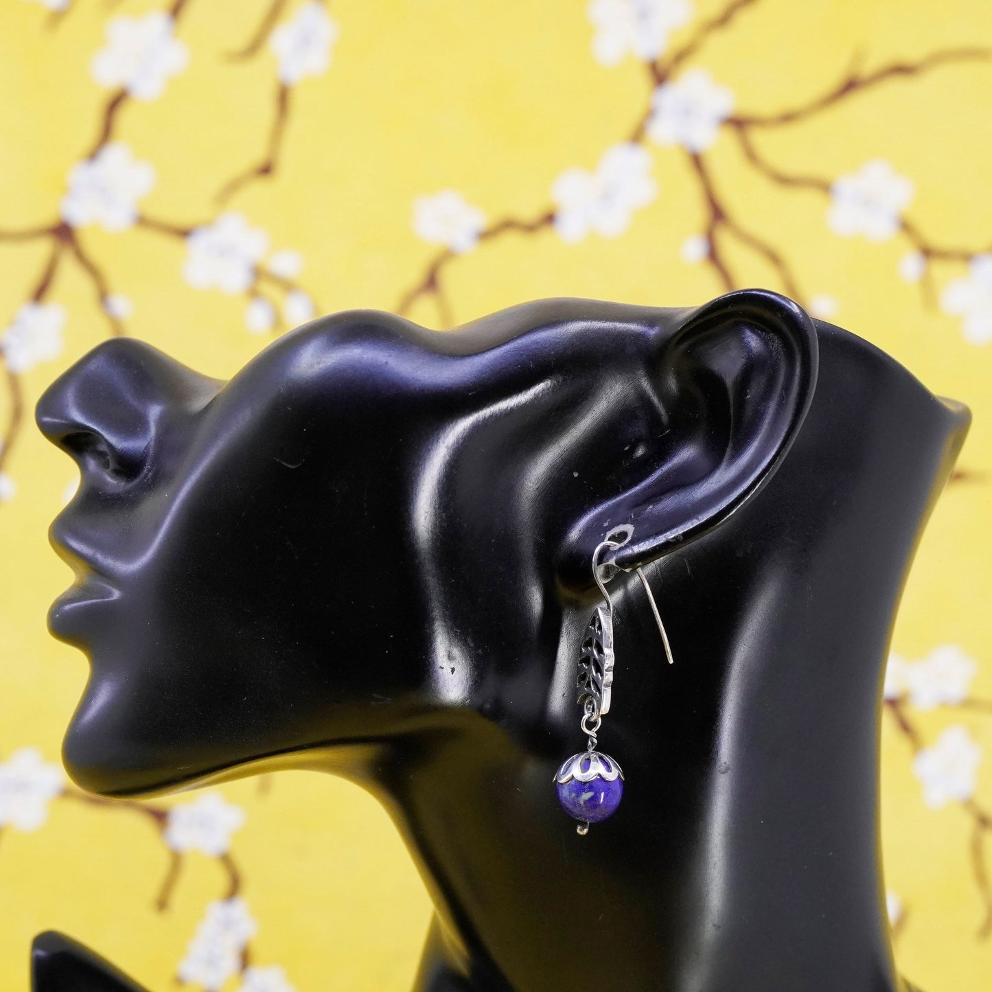 Vintage handmade sterling 925 silver leafy earrings with lapis lazuli bead