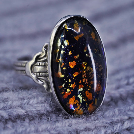 Size 3.5, Mexico Sterling 925 silver handmade ring with golden foiled glass