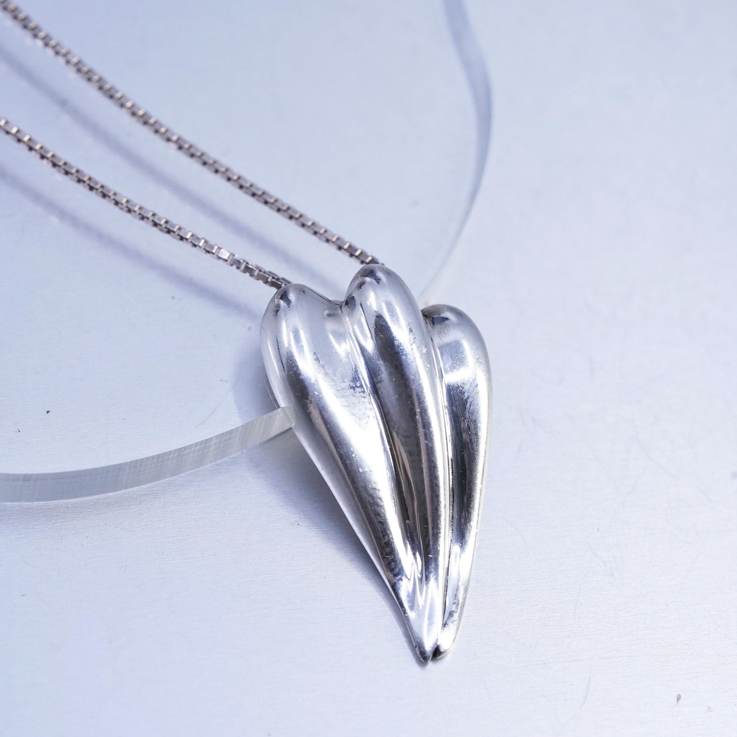 16+2", 925 Sterling Silver Vintage box Necklace with ribbed teardrop pendant