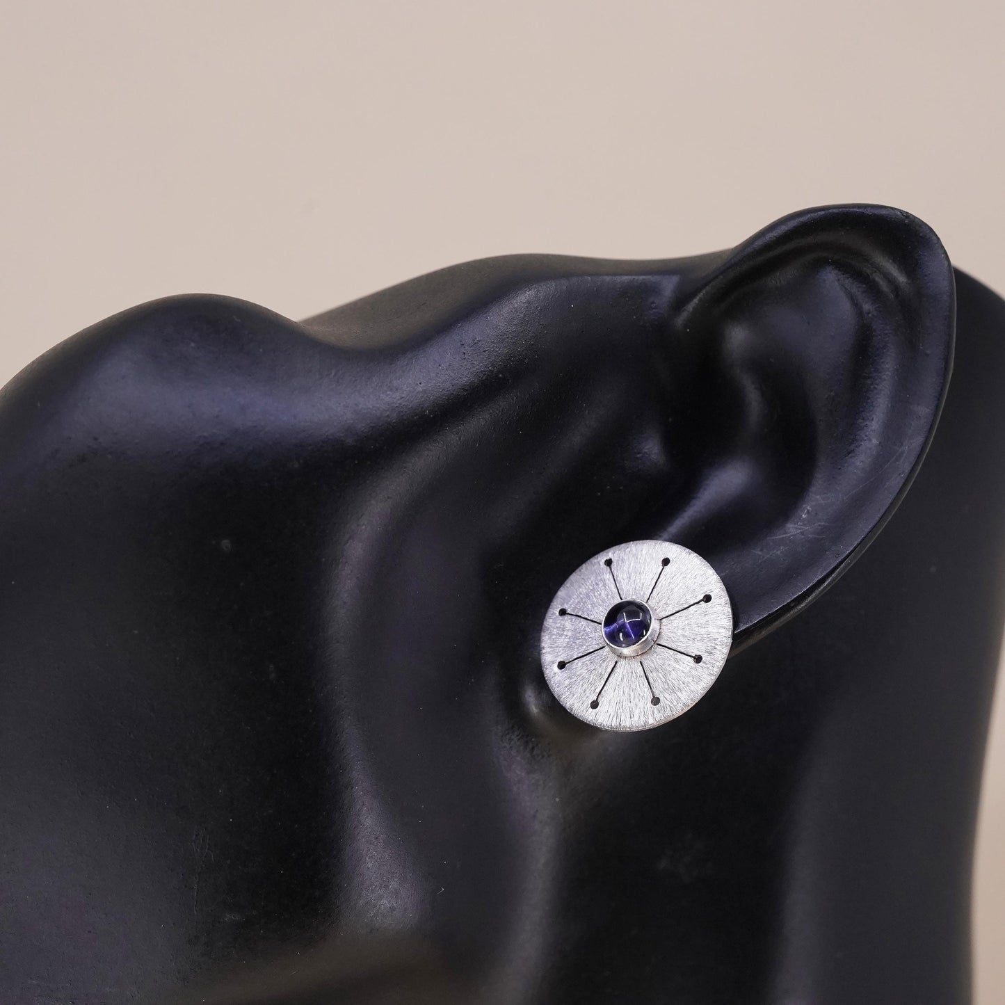 Vintage single earring. Sterling 925 silver textured disc stud with amethyst
