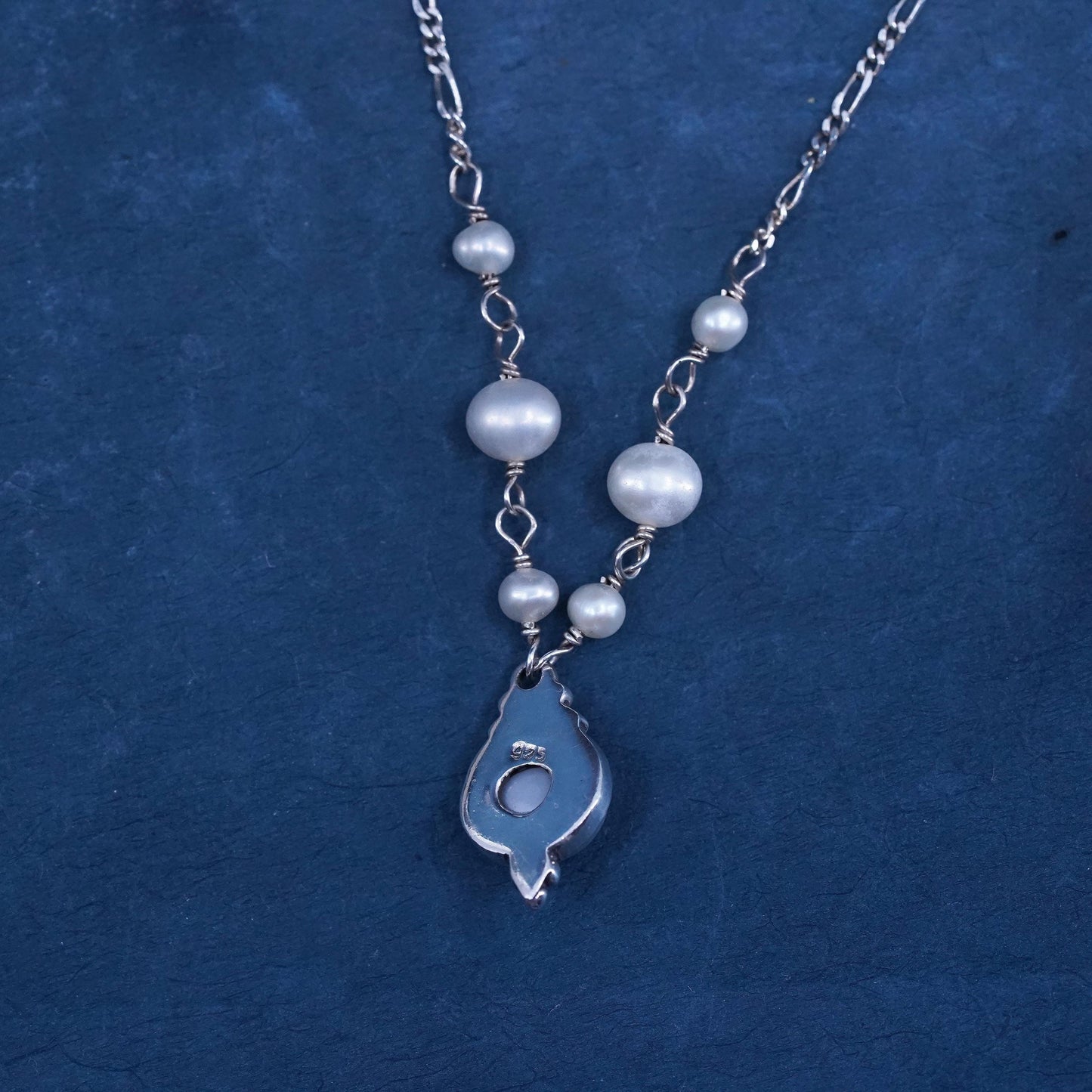 16+1” 2mm, vintage Sterling silver necklace, 925 figaro chain w/ pearl pendant