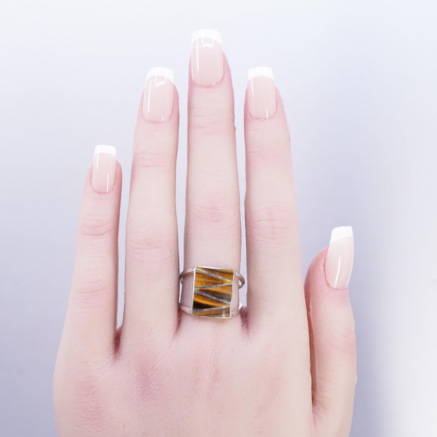 Size 8, vintage Sterling 925 silver handmade ring with golden tiger eye inlay