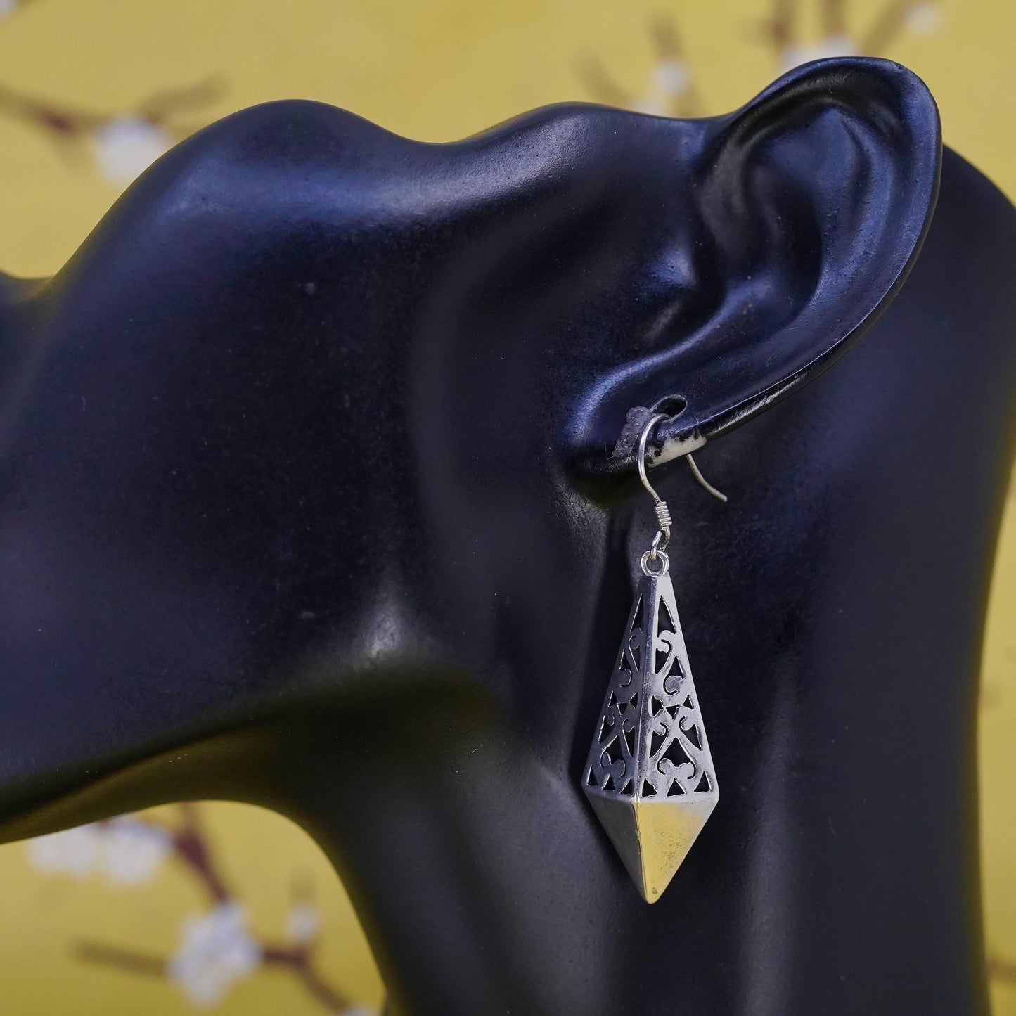 Vintage Mexican Sterling silver earrings, 925 swirly cutout diamond dangles