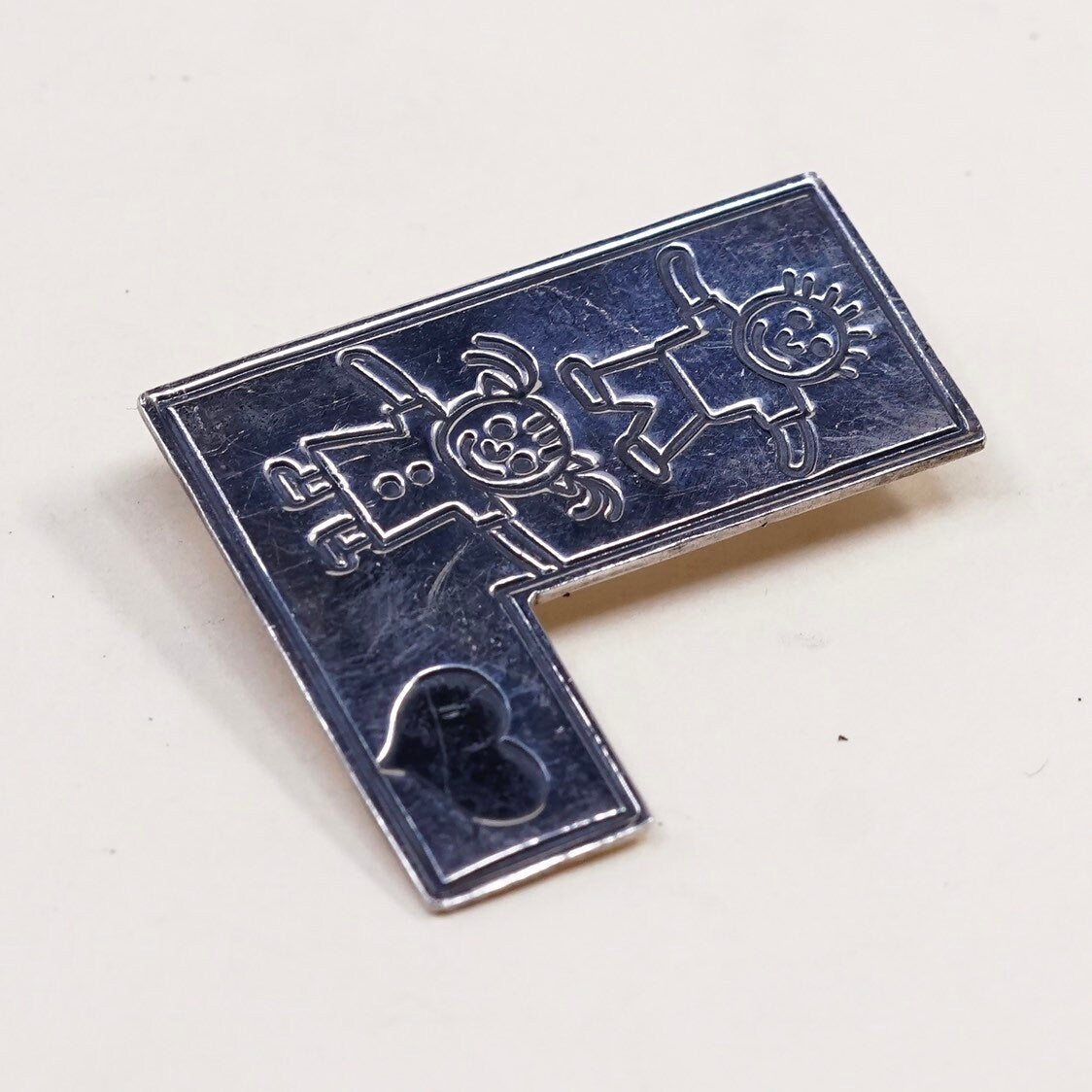 Antique sterling silver handmade brooch, solid 925 silver save the children with hearts, stamped "Mexico 925 EFS”