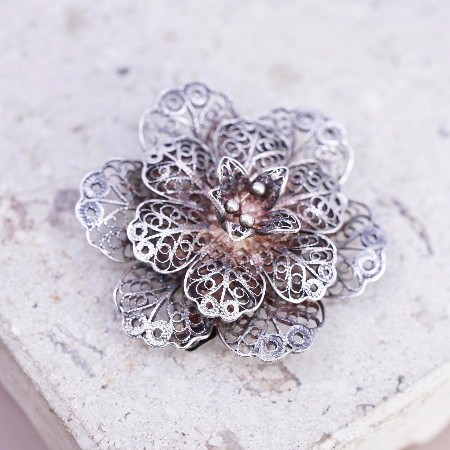 Vintage sterling silver handmade brooch, 925 filigree flower snowflake pin
