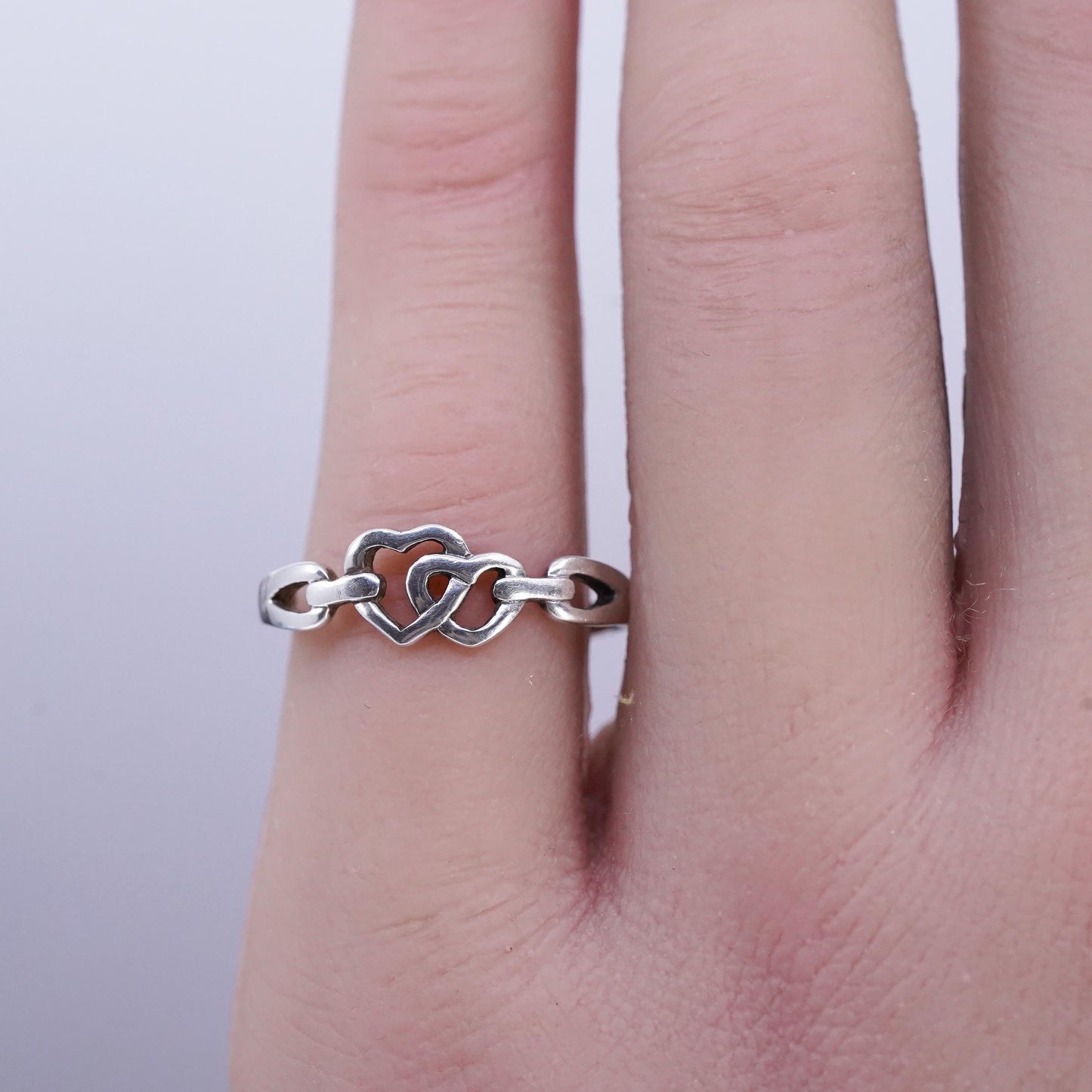 Size 4, vintage Sterling 925 silver ring, double heart stackable open band