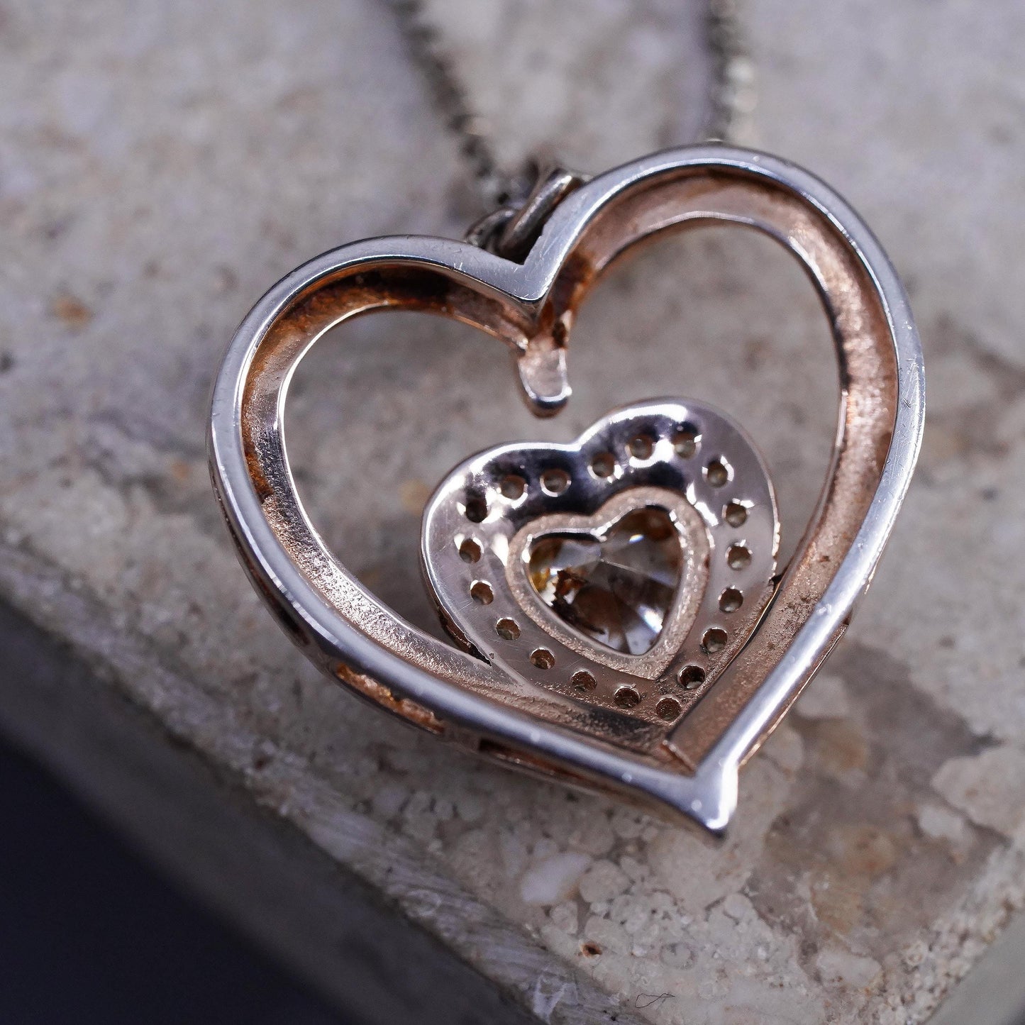 18+2", vintage Sterling silver necklace, 925 box chain cluster cz heart pendant