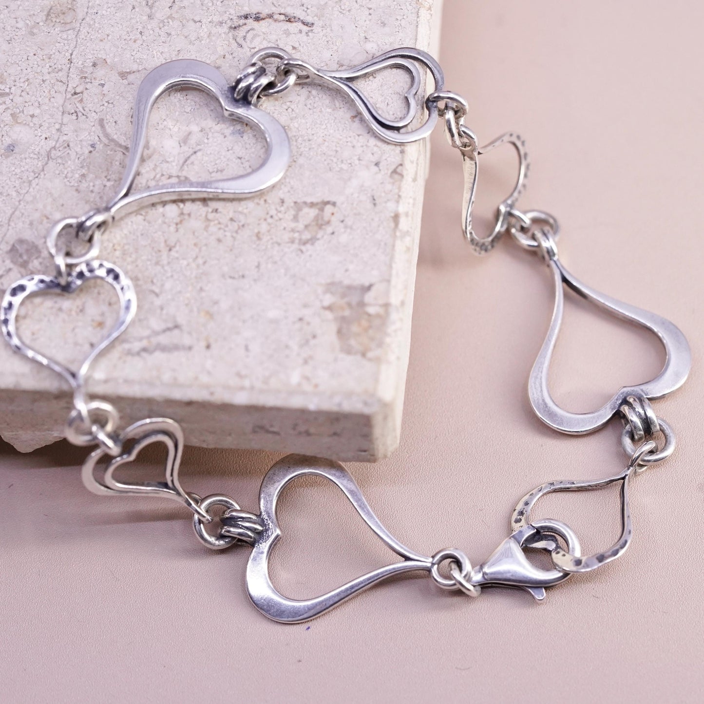 7.25”, vintage Sterling 925 silver handmade chain bracelet with heart links