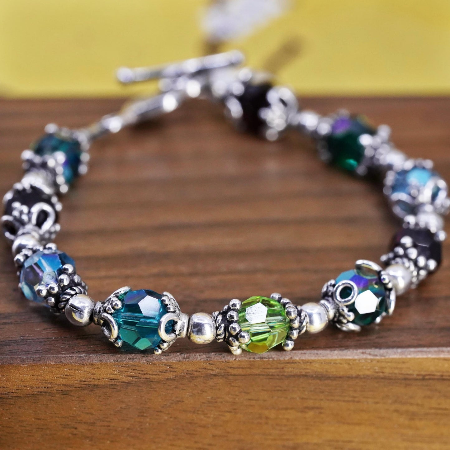 6.75”, Saki Sterling silver bracelet, 925 beads with crystal and toggle closure