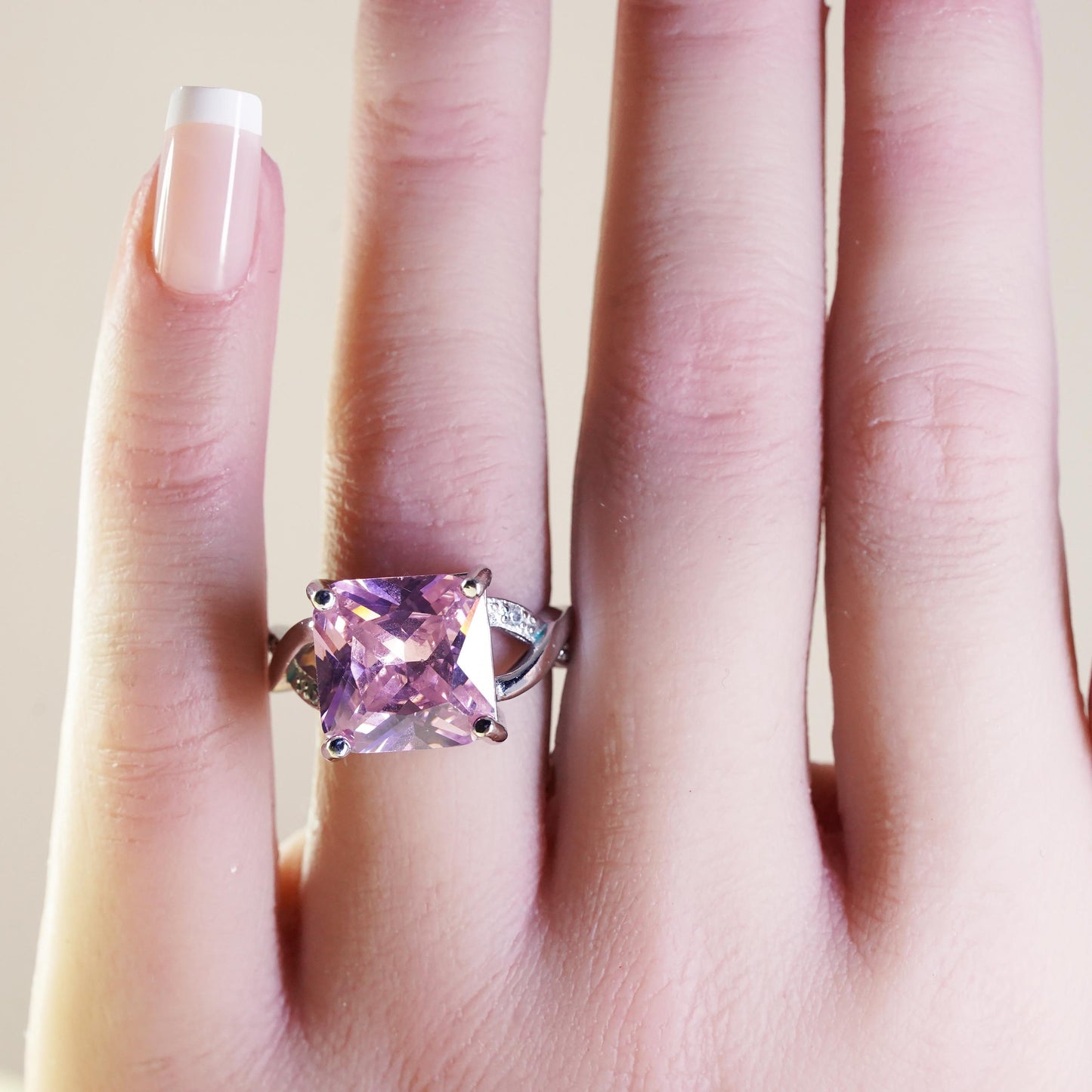 Size 8.25, Vintage Sterling 925 silver ring with square pink Quartz clear cz