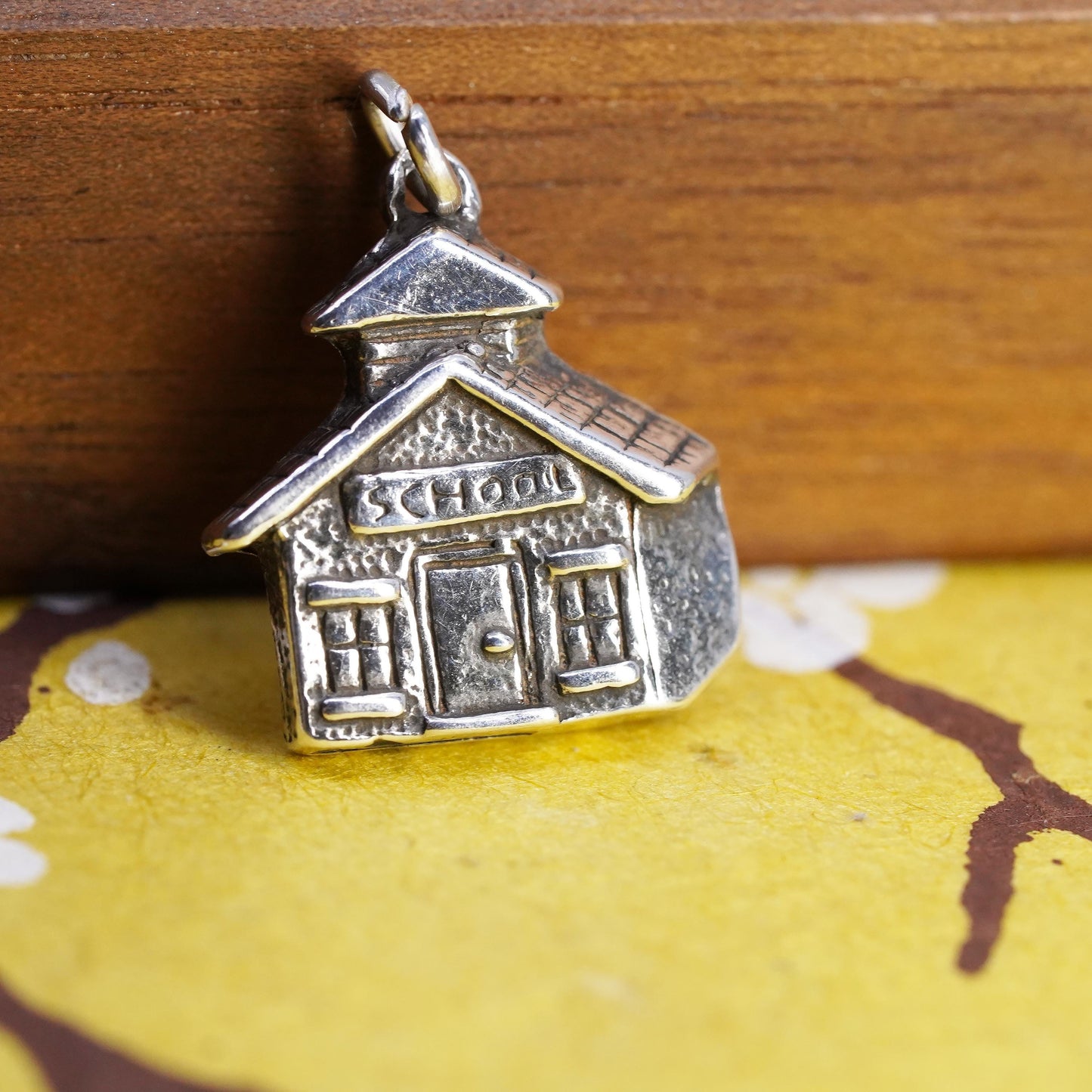 Vintage Sterling 925 silver handmade tag, school house charm pendant