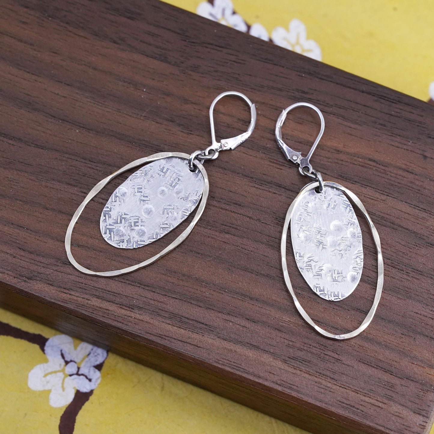 two tone Sterling 925 silver hammered circle earrings with brass circle dangles
