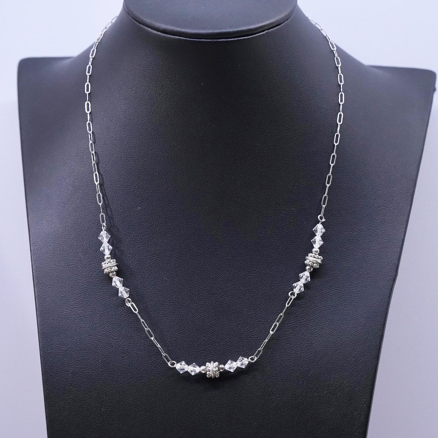 18", vintage Sterling silver necklace, 925 elongated chain with crystal beads