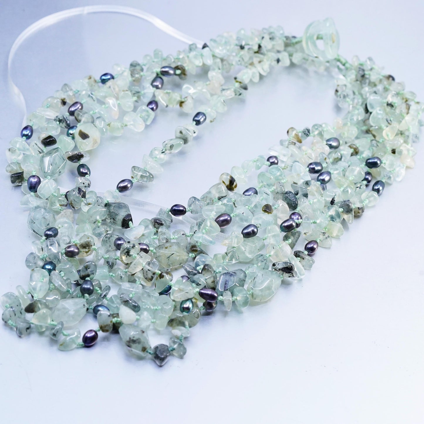 18", vintage multi strands jade bead linen thread necklace black pearl beads