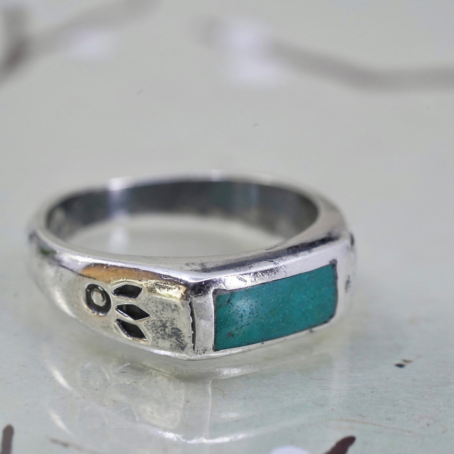Size 10.25, Sterling silver handmade ring, 925 band with turquoise inlay, Zuni
