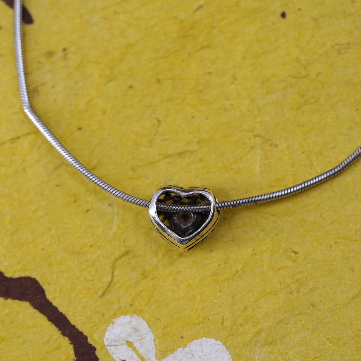 18", 1mm, vintage Sterling silver necklace, 925 snake chain w/ cz heart pendant