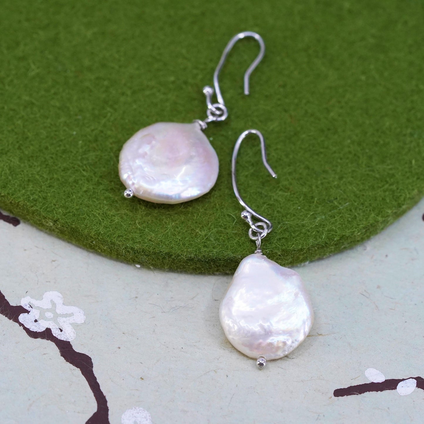 Vintage sterling silver handmade earrings, 925 dangles with coin pearl