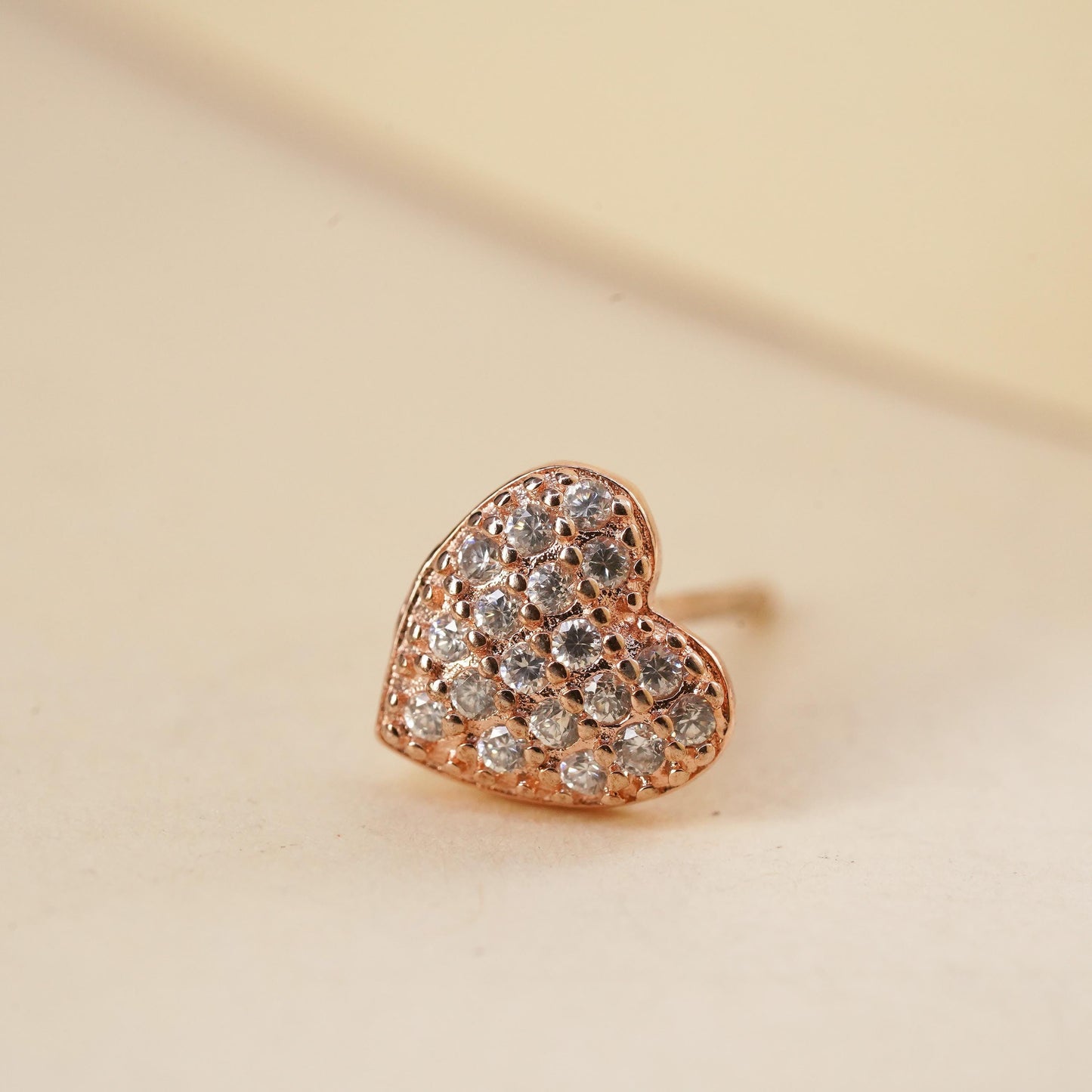 vermeil rose gold over Sterling 925 silver heart stud with cz, single earring