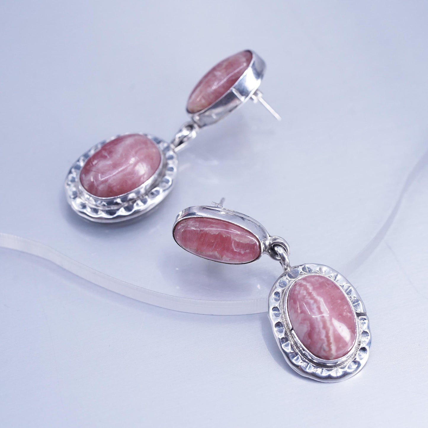 Vintage Sterling 925 silver handmade earrings with oval pink Rhodochrosite