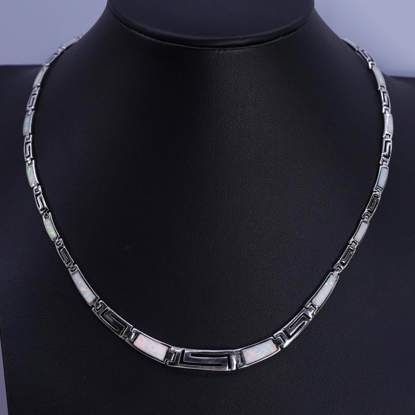 16+1”, Sterling silver necklace,925 tennis graduated Greek key fire opal