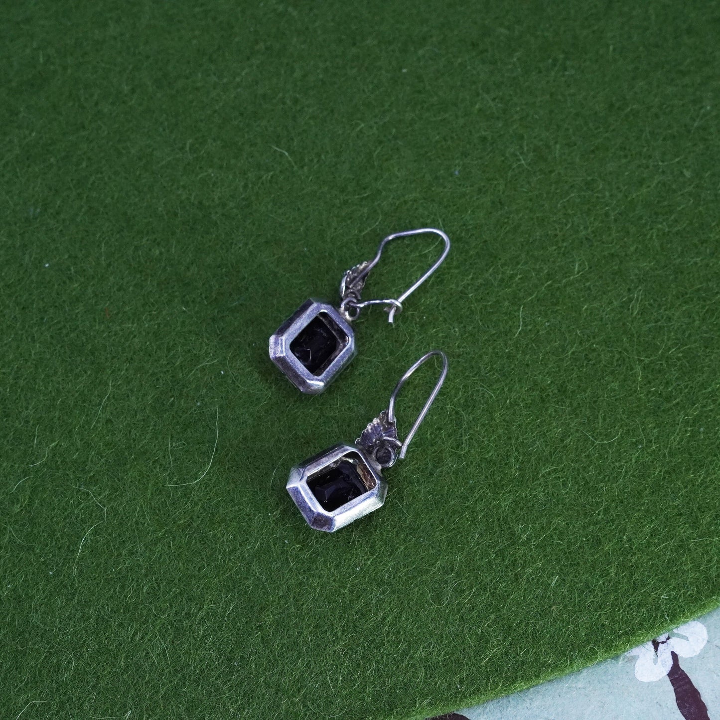 Vintage Sterling silver handmade earrings, 925 leaf with rectangular onyx