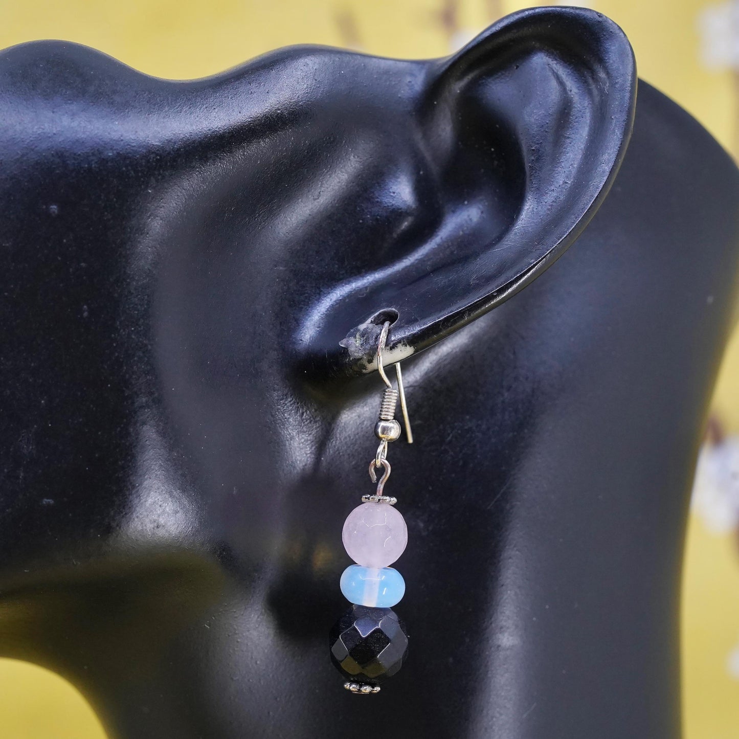 Vintage Sterling 925 silver handmade earrings with onyx opal pink quartz beads