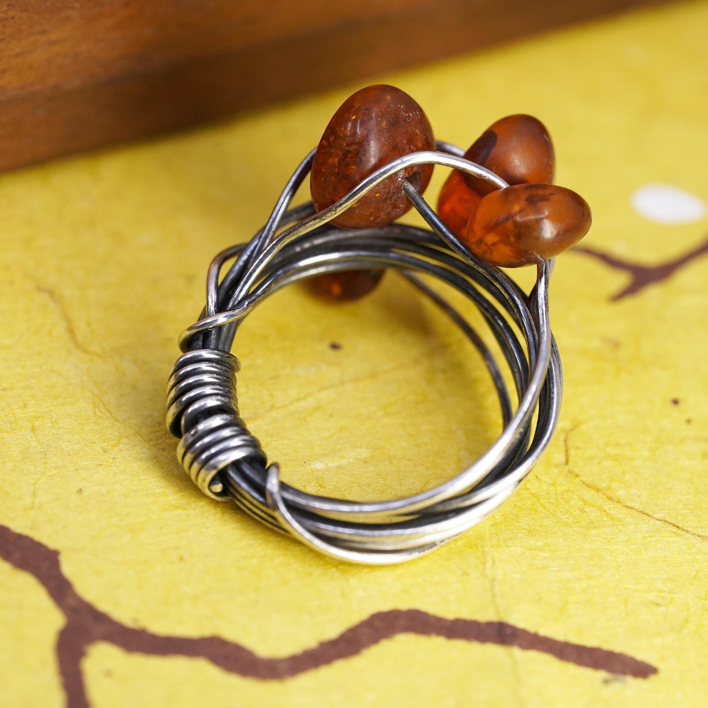 Size 5.75, vintage Sterling 925 silver handmade wired ring with amber beads