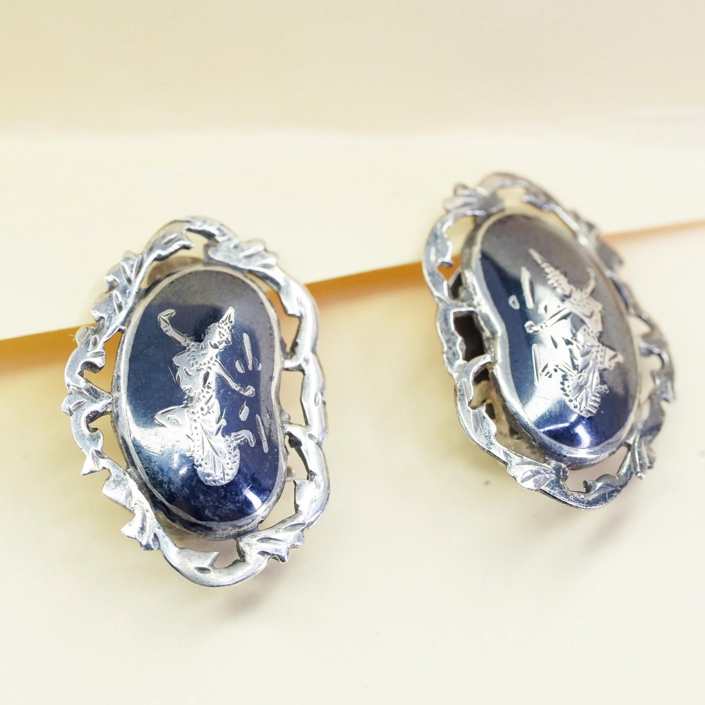 Vintage Sterling silver handmade earrings, oxidized 925 clip on Indian goddess
