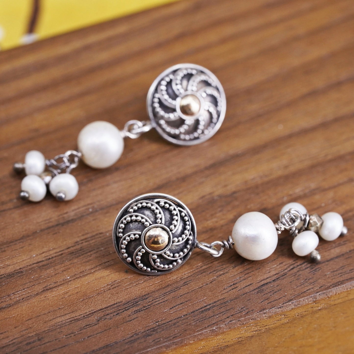 sterling silver earrings with 14K gold dot, bali 925 discs with pearl beads