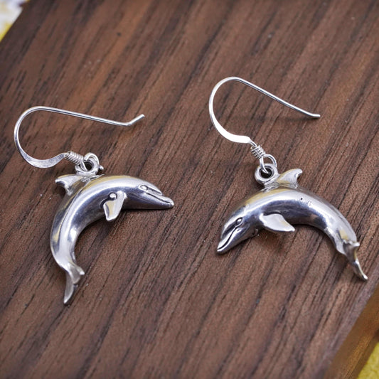 Vintage Sterling silver handmade earrings, 925 dolphin dangles