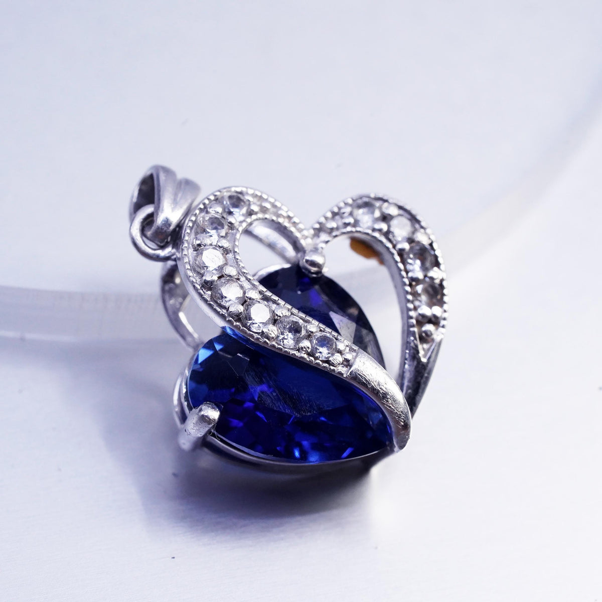 Vintage sterling 925 silver double heart pendant with sapphire and cz crystal