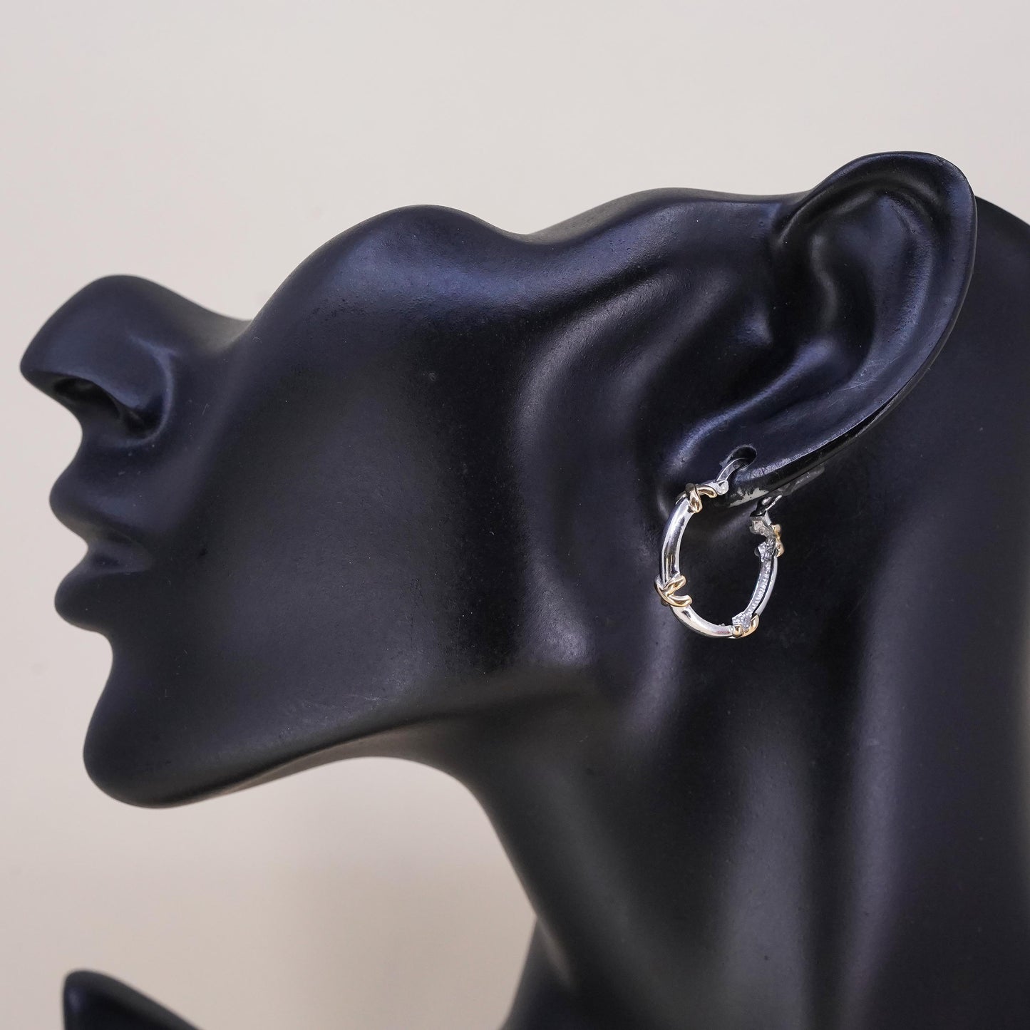 0.75", Vintage two tone sterling silver loop single earring, hoop with cross