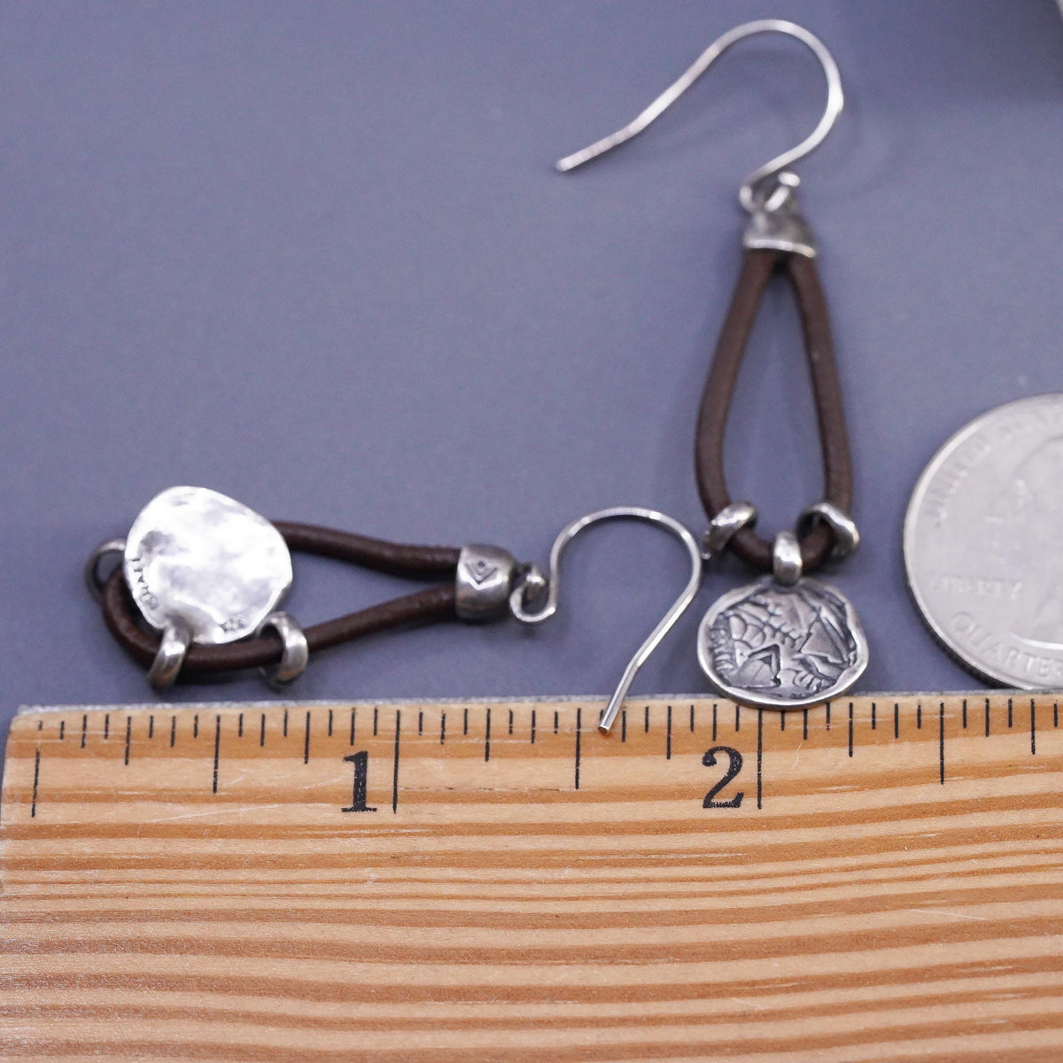 Silpada Sterling 935 Silver Brown Leather Prairie Girl Disc Earrings W2179